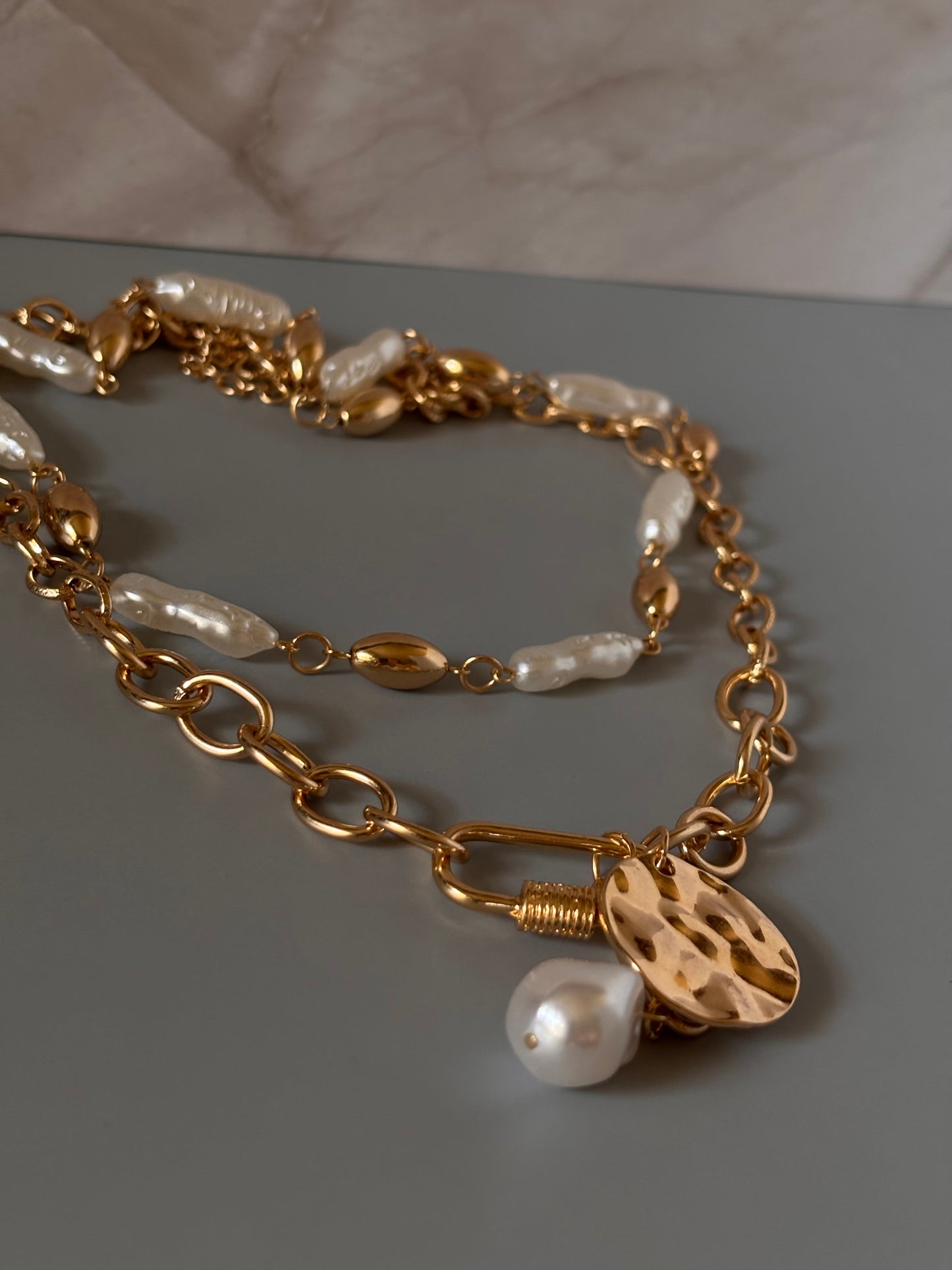 Double Strand Chunky Gold Chain and Baroque Pearl Necklace for Women