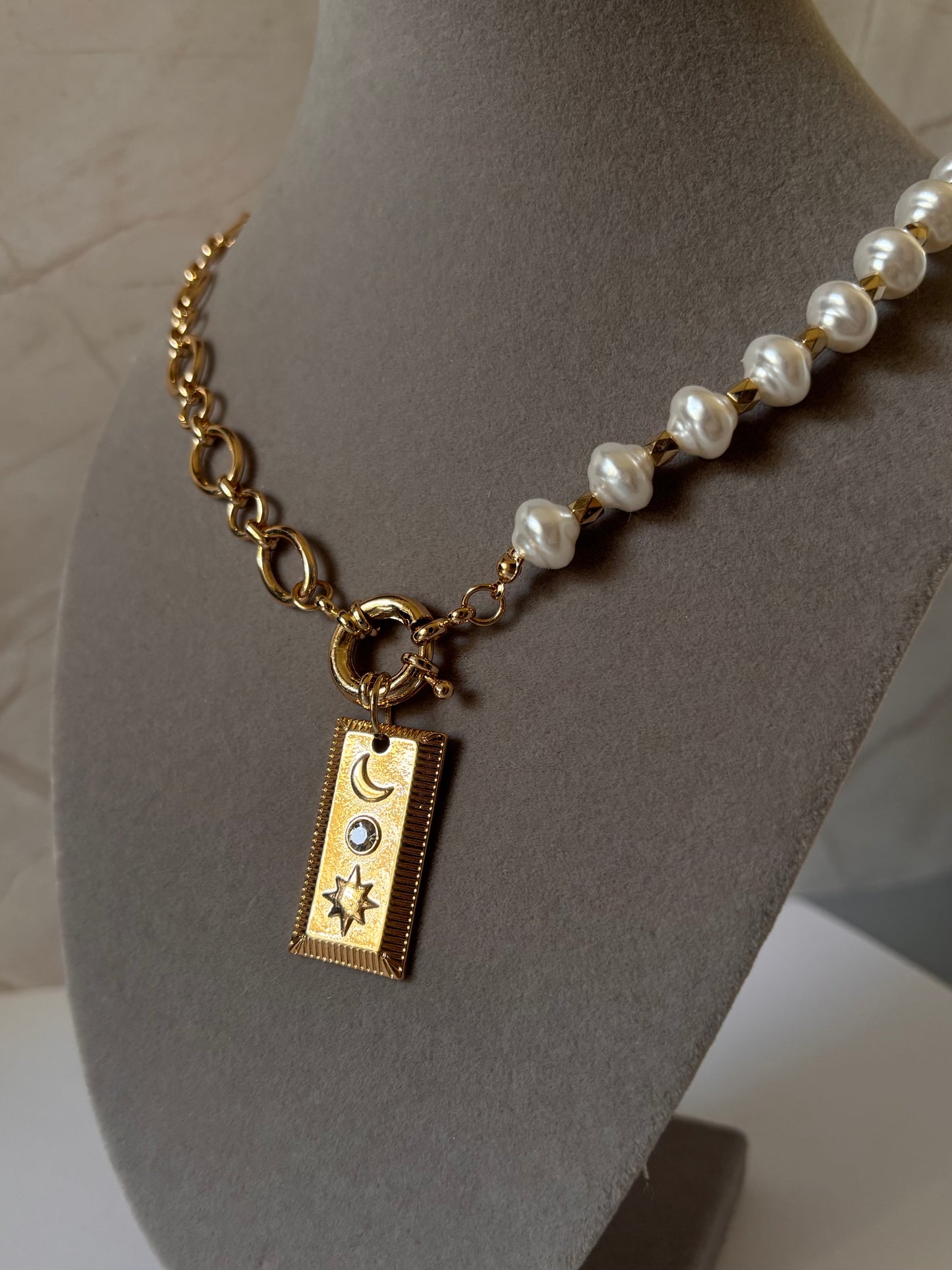 Chunky Gold Chain and Baroque Pearl Necklace with Celestial Pendant