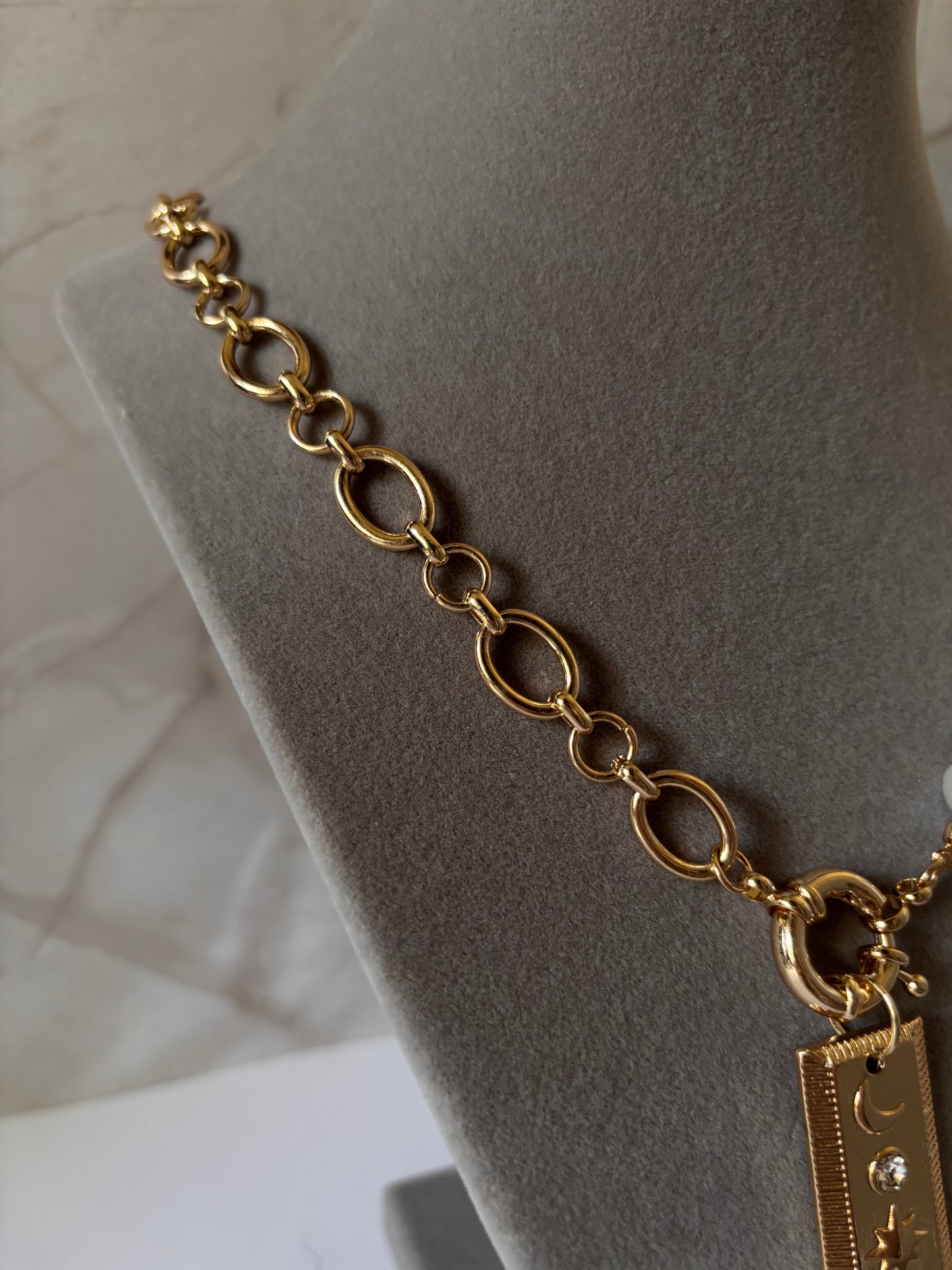Chunky Gold Chain and Baroque Pearl Necklace with Celestial Pendant