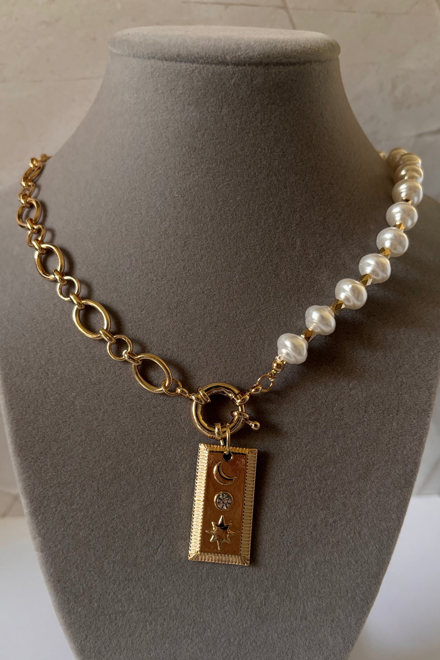 Chunky Gold Chain and Baroque Pearl Necklace with Celestial Pendant