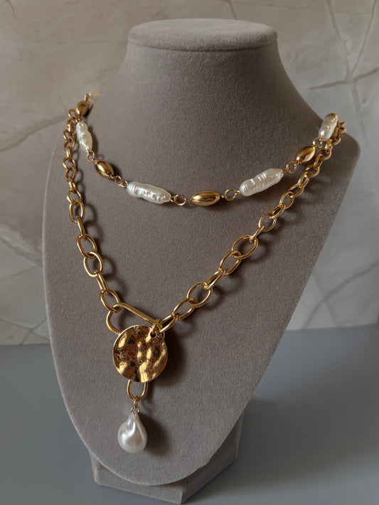 Double Strand Chunky Gold Chain and Baroque Pearl Necklace for Women