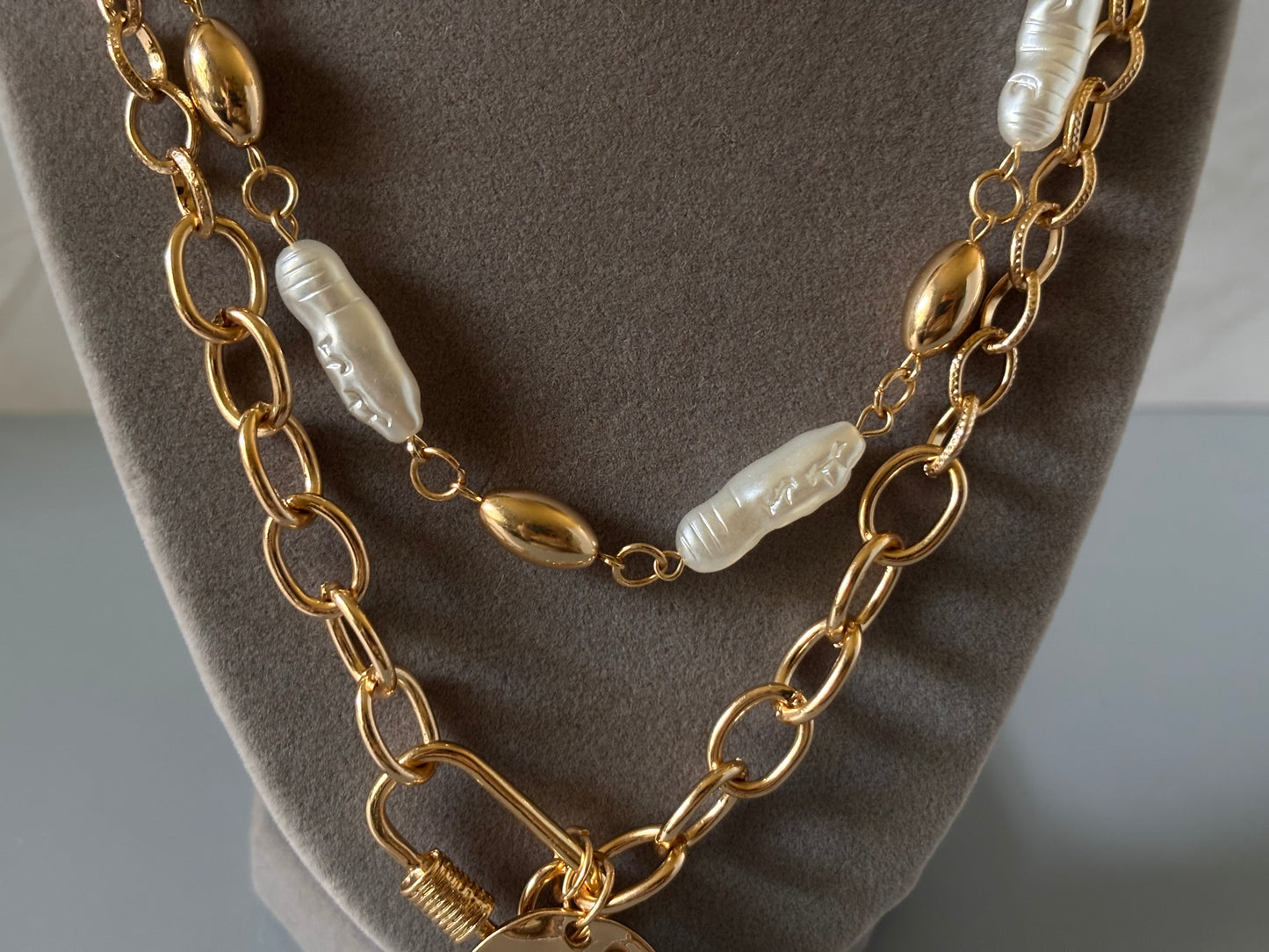 Double Strand Chunky Gold Chain and Baroque Pearl Necklace for Women