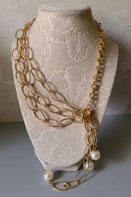 Layered Chunky Gold Chain Lariat Necklace with Pearl Drops – 14k Goldtone Statement Jewelry