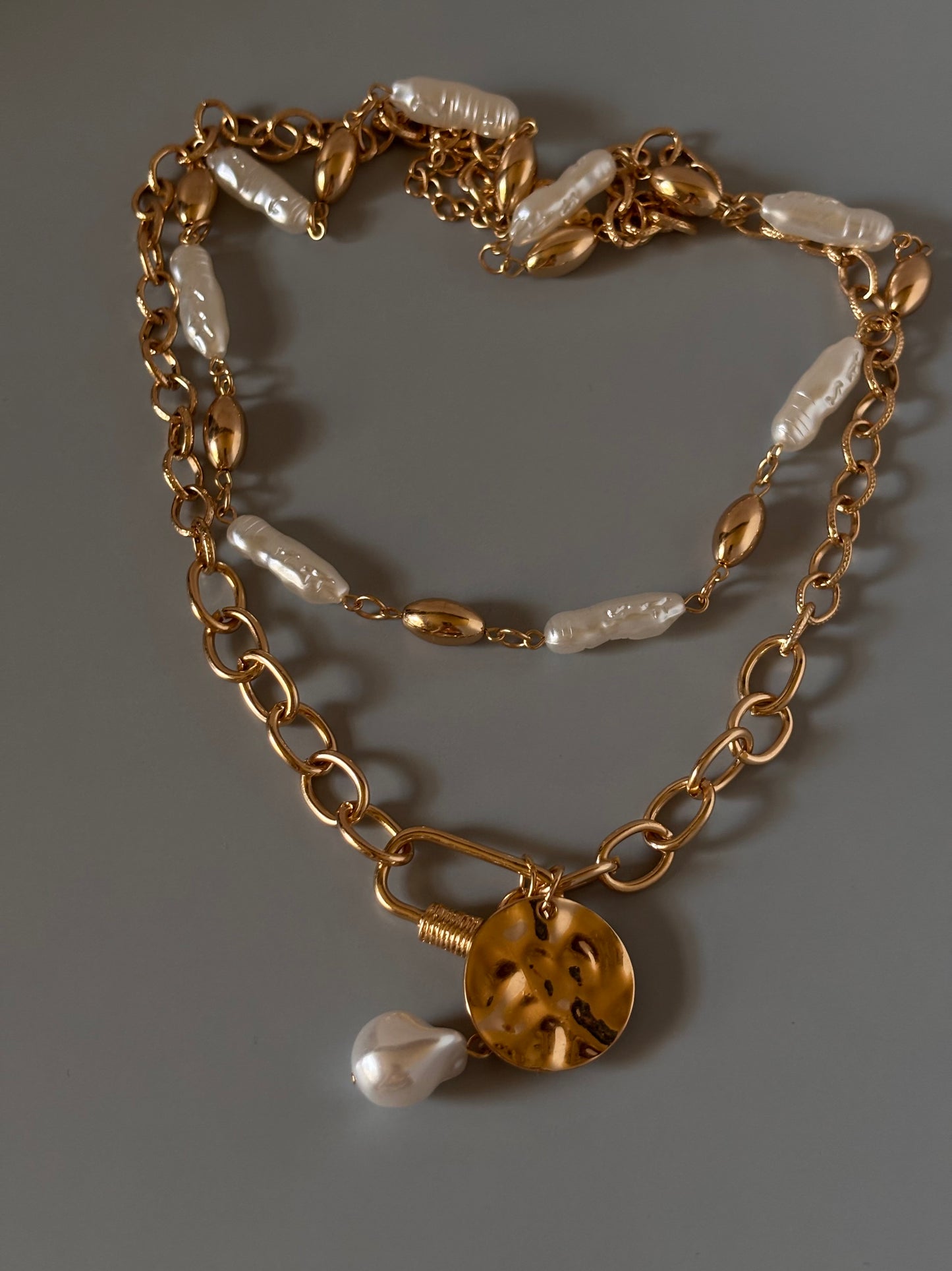 Double Strand Chunky Gold Chain and Baroque Pearl Necklace for Women