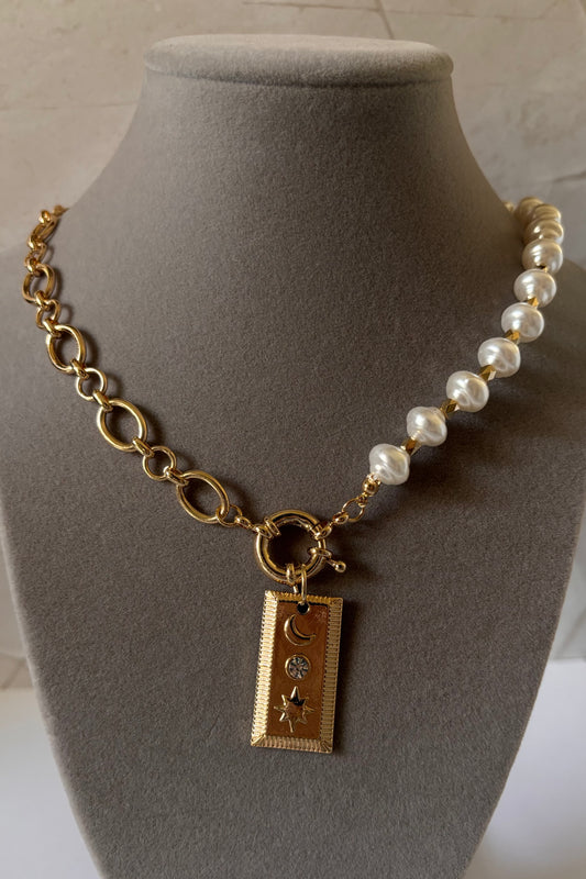 Chunky Gold Chain and Baroque Pearl Necklace with Celestial Pendant