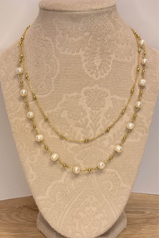 Handmade Freshwater Pearl and Mother-of-Pearl Dual Layer Gold Satellite Necklace